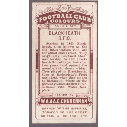 WA&AC Churchman Football Club Colours 1909 Blackheath Rugby Club No 30