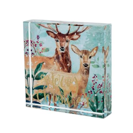 Merry Christmas Paperweight Stag & Deer in a Winter Scene Square Resin 2 CM