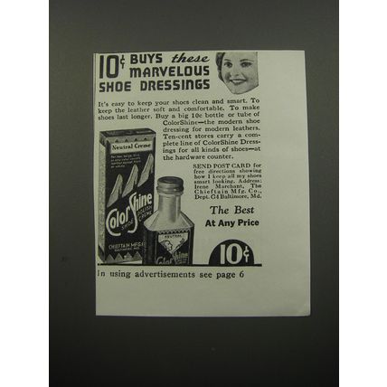 1933 ColorShine Shoe Polish Crme Ad - 10¢ buys these marvelous shoe dressings