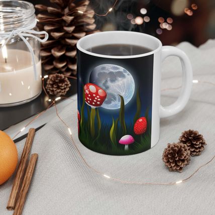 Lunar Moon Scene Toadstools and Lillies #5 Mug Ceramic Coffee Mug 11oz