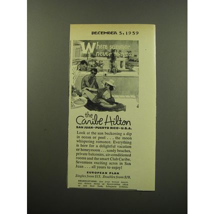 1959 Caribe Hilton Hotel Ad - Where summer never leaves
