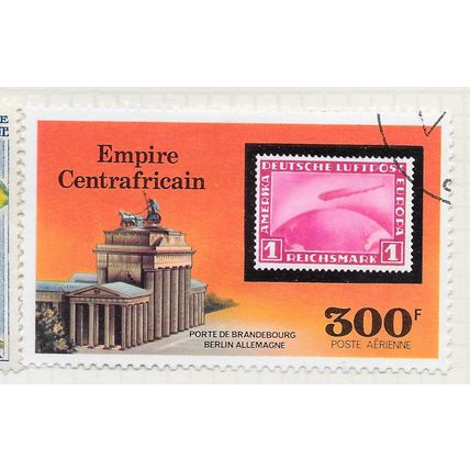CENTRAL AFRICAN EMPIRE ZEPPELIN BERLIN FLIGHT BRANDENBURG GATE CANCELLED STAMP