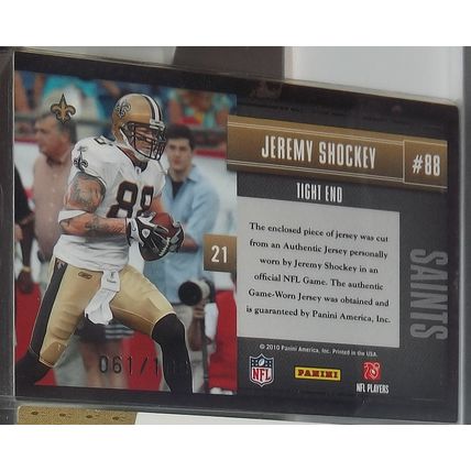 2010 Limited JEREMY SHOCKEY (Saints) Team Trademarks Material GW #21 61/100