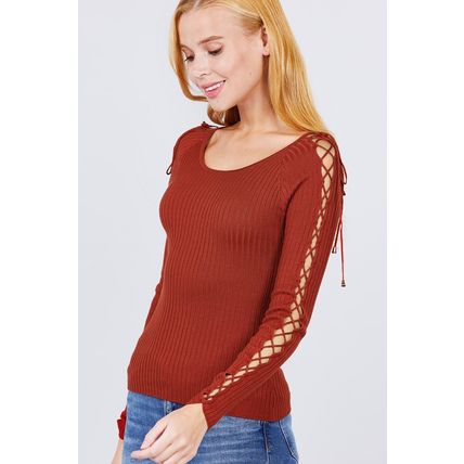 Long Sleeve W/strappy Detail Round Neck Rib Sweater Top