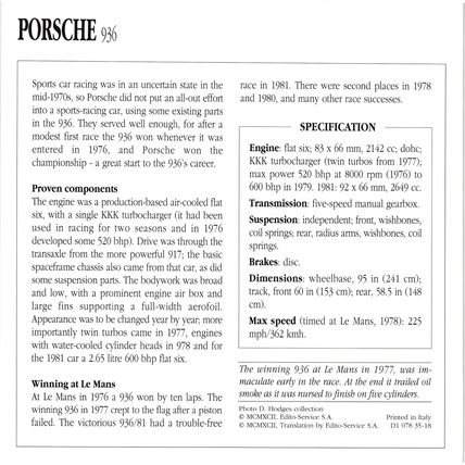 Collectors Club card. Classic Cars. Porsche 936