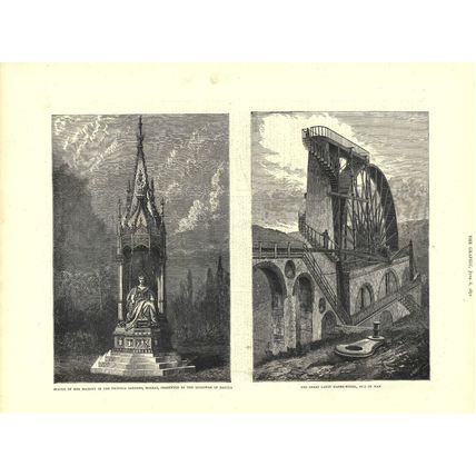 VICTORIA STATUE BOMBAY - GREAT LAXEY WATER-WHEEL 1872 VICTORIAN ENGRAVINGS