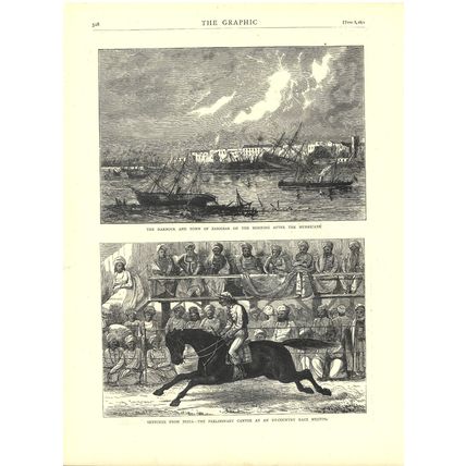 ZANZIBAR HARBOUR HURRICANE - HORSE RACING, INDIA 1872 VICTORIAN ENGRAVINGS