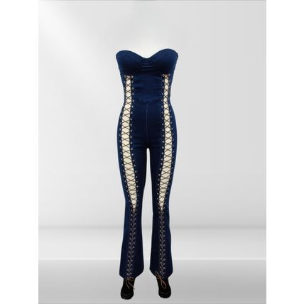 Lace Up Detail Denim Jumpsuit