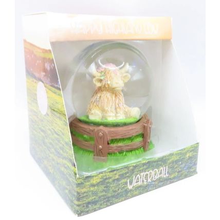 Highland Cow Snow Globe Glitter with a Pink Floral Headband 9 CM Gift Home Decor