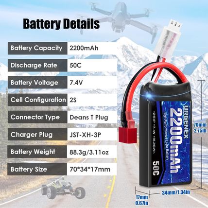 URGENEX 7.4V 2200Mah Lipo Battery 50C(Burst 80C) High Discharge Rate RC Batterie