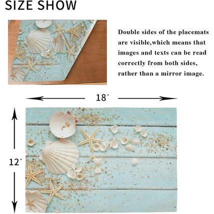 Summer Seashell Starfish Placemats Set of 6 Teal Wooden Table Mats 12X18 Inches
