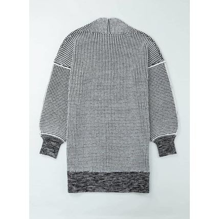 Gray Plaid Knitted Long Open Front Cardigan