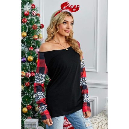 Black Off Shoulder Plaid&Leopard Print Long Sleeve Top