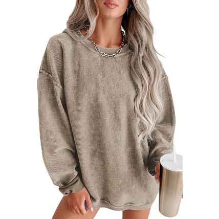 Khaki Solid Ribbed Knit Round Neck Pullover Sweatshirt