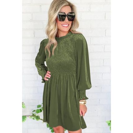 Moss Green Frilled Neck Smocked Bodice Velvet Dress