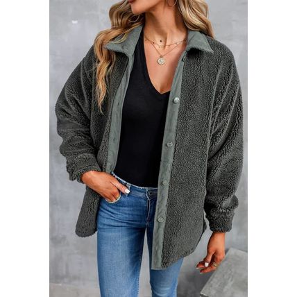 Gray Corduroy Trim Elbow Patch Sherpa Jacket