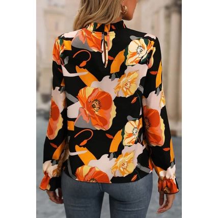 Black Floral Print Mock Neck Blouse