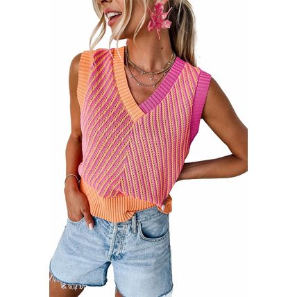 Strawberry Pink Contrast Chevron Knit V Neck Sweater Vest
