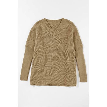 Camel Checkered Textured Batwing Sleeve Sweater