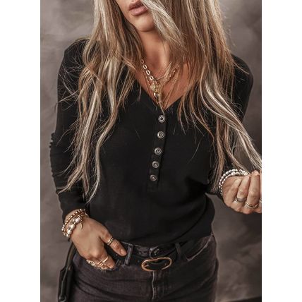 Black Buttoned V Neck Long Sleeve Ribbed Top