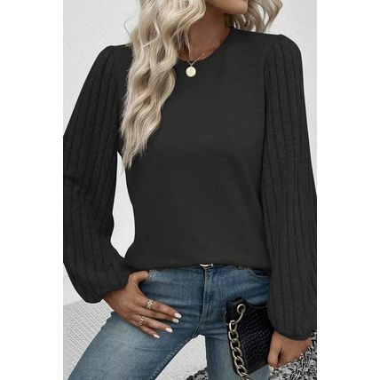 Black Contrast Ribbed Bishop Sleeve Top