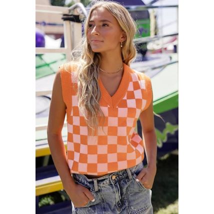 Russet Orange Checkered V Neck Knitted Sweater Vest