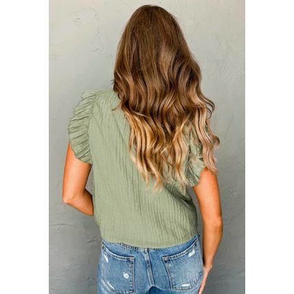 Meadow Mist Green V Neck Flutter Sleeve Textured Blouse
