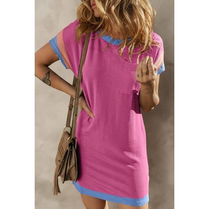 Rose Red Textured Colorblock Edge Patched Pocket T Shirt Dress