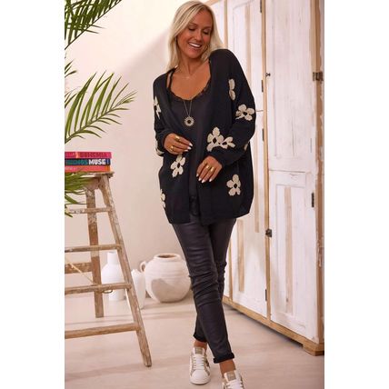 Black Floral Print Knitted Open Front Loose Cardigan