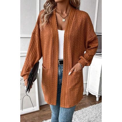 Chestnut Textured Knit Side Pockets Open Front Cardigan