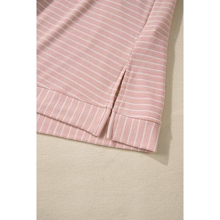 Pink Stripe Cowl Neck Side Slits Loose Fit Long Sleeve Top