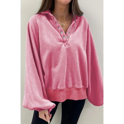 Pink Solid Snap Buttons Collared Balloon Sleeve Oversized Sweatshirt