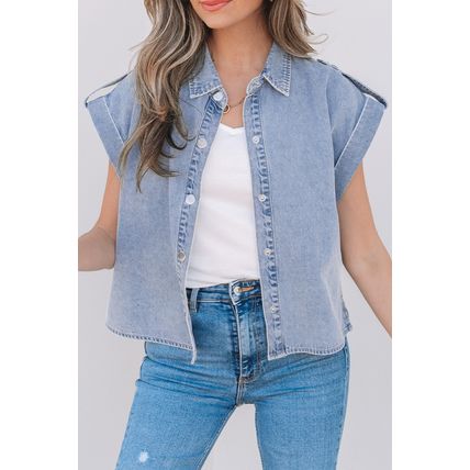 Dusk Blue Denim Pinup Folded Cap Sleeve Shirt
