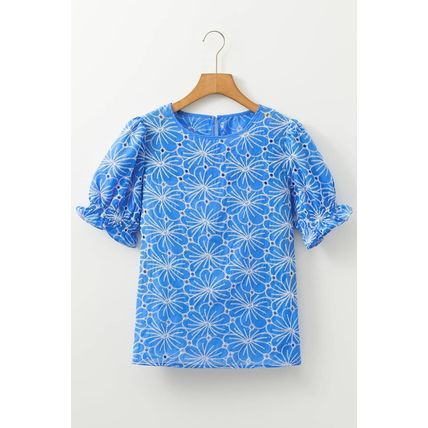 Sky Blue Eyelet Flower Embroidery Frilled Short Puff Sleeve Blouse