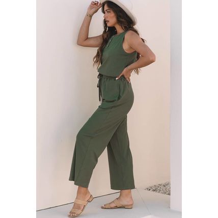 Vineyard Green Buttoned Drawstring Waist Sleeveless Wide Leg Jumpsuit