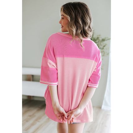Pink Stripe Color Block Patchwork Loose Half Sleeve T Shirt