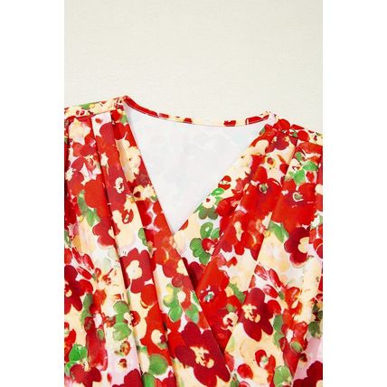 Red Floral Bubble Sleeve Pleated V Neck Wrap Blouse
