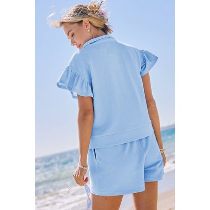 Beau Blue Ribbed Texture Half Zip Ruffled Short Sleeve Top and Shorts Set
