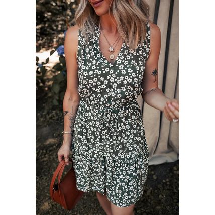 Green Boho Floral Print V Neck Tunic Sleeveless Dress