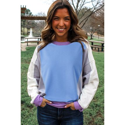 Blue Exposed Seam Colorblock Patchwork Ribbed Trim Pullover Sweatshirt