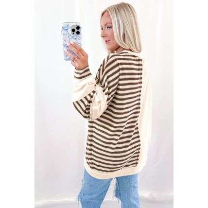 Khaki Stripe Stitched Detail Color Block Patchwork Oversized Pullover Top