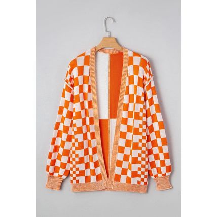 Orange Checkered Open Front Drop Shoulder Cardigan