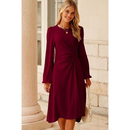 Burgundy Solid Color Ruched Detail Long Sleeve Midi Dress