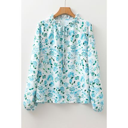 Sky Blue Floral Print Frilled Trim Tie Neck Elastic Cuffs Long Sleeve Blouse