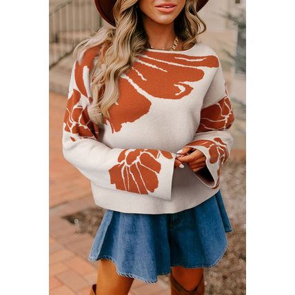 Beige Bold Flower Pattern Wide Sleeve Baggy Sweater