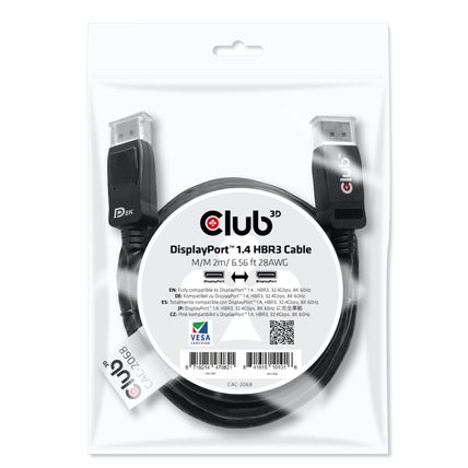 Club 3D CAC-2068 M/M 2M 6.56ft 28AWG DisplayPort 1.4 HBR3 Cable 32.4Gbps 8K 60Hz