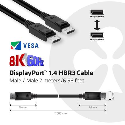 Club 3D CAC-2068 M/M 2M 6.56ft 28AWG DisplayPort 1.4 HBR3 Cable 32.4Gbps 8K 60Hz