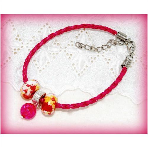 Woven Braided Bracelet Dark Pink Crackle Ball Charm Europ Beads Jewellery 1310