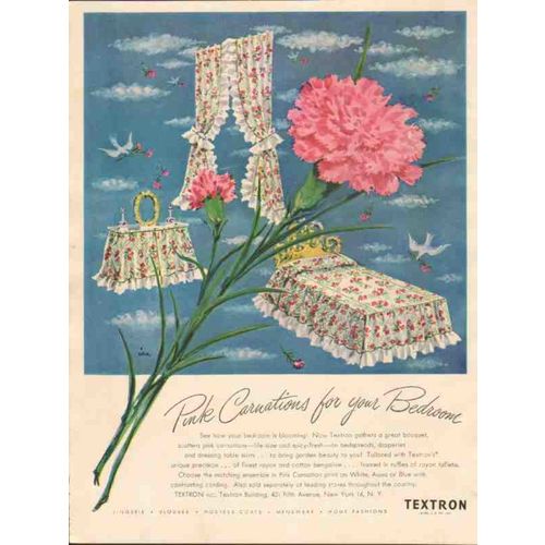 textron inc 1946 pink carnations bedroom bedspread curtains vintage ad