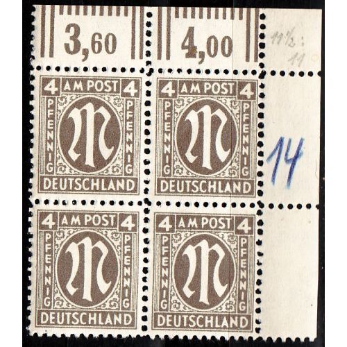 GERMANY Alliiert AmBri [1945] MiNr 0018 C ( **/mnh ) [01] 4er